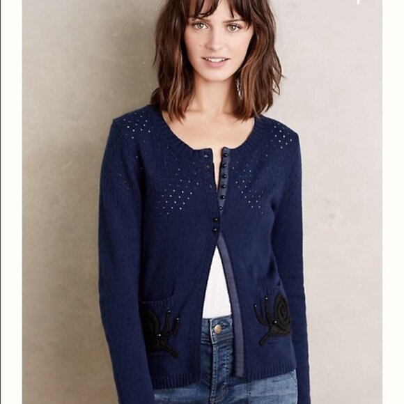 Anthropologie Moth Navy Snail Pocket Cardigan XS - Picture 2 of 10